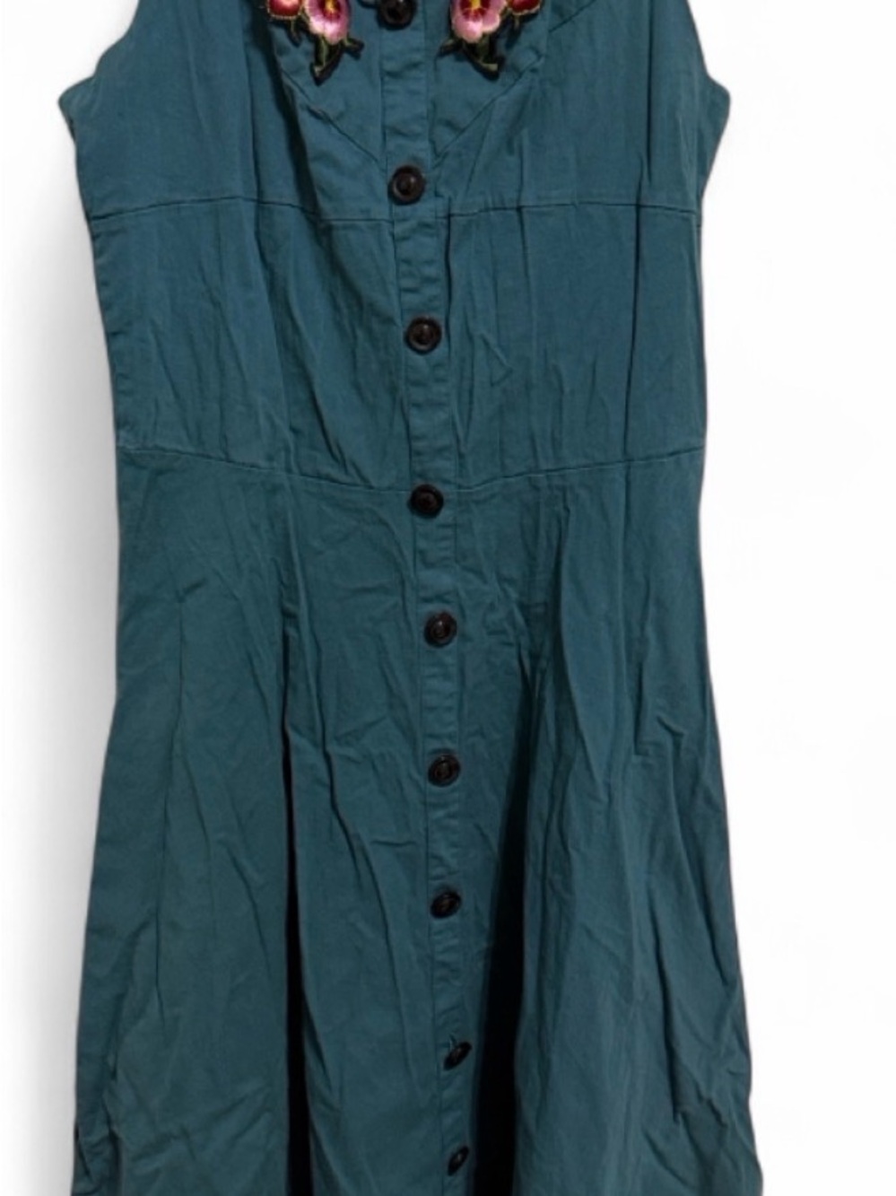 Acevog Teal Button-Front Midi Dress with Floral Applique